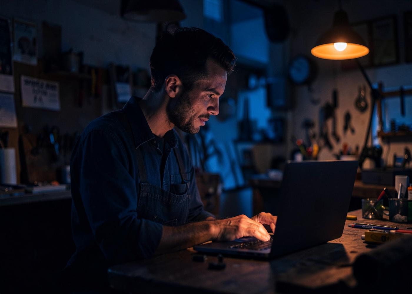 An independent tradesperson working on a laptop in their workshop